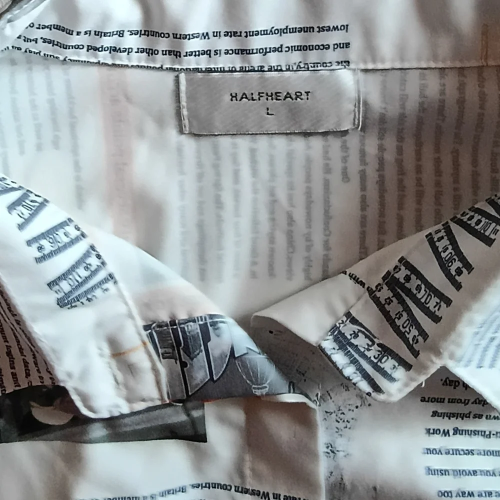HALFHEART Shirt Dress Newspaper Print Button Down White Orange Gray LARGE - Picture 8 of 9